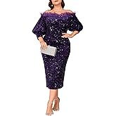 dasmzper Women Sexy Sequin Off The Shoulder Puff 3/4 Sleeve Bodycon Dress Formal Party Cocktail Evening Midi Dress