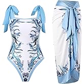 Cerdexon One Piece Bathing Suit for Women with Beach Cover up Wrap Skirt Swimsuit Sarong Retro Floral Print Bikini Set