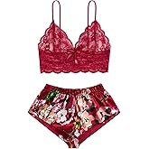 Rigeri Lingerie Sets For Women Sexy Satin Pajamas Sheer Mesh Bra And Panty Sets For Womens Lace Lingerie S-XXL