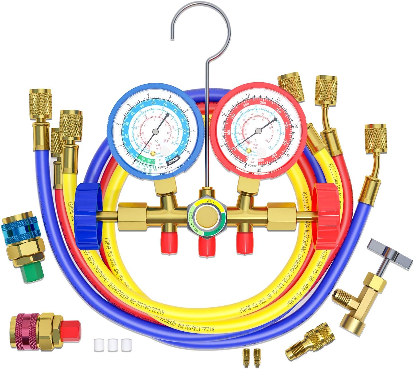 AURELIO TECH 3 Way AC Manifold Gauge Set, Fits for R134A R12 R22 and R502 Refrigerants, with 5FT Hose, Acme Tank Adapters, Quick Couplers and Can Tap (Instruction Included): Automotive