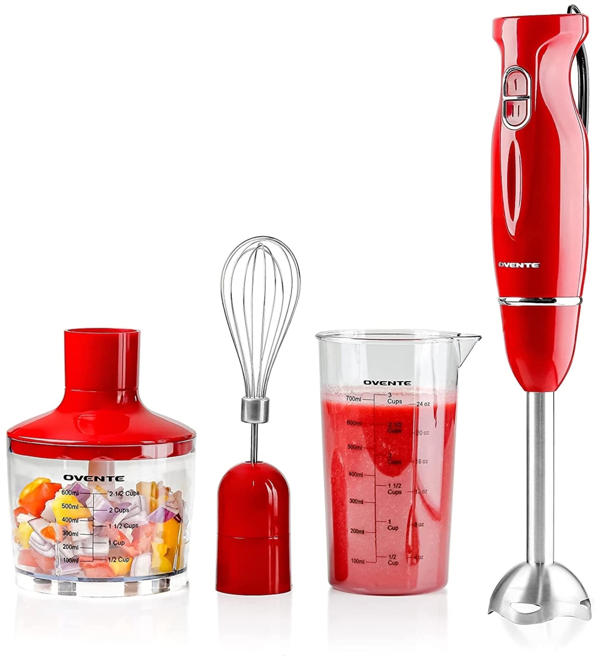 Photo 1 of OVENTE Immersion Hand Blender, 300W Electric Handheld Portable Stick Mixer Set with 2 Mixing Speed, Stainless Steel Blades, Egg Whisk Attachment, Mixing Beaker and BPA-Free Food Chopper, Red HS565R