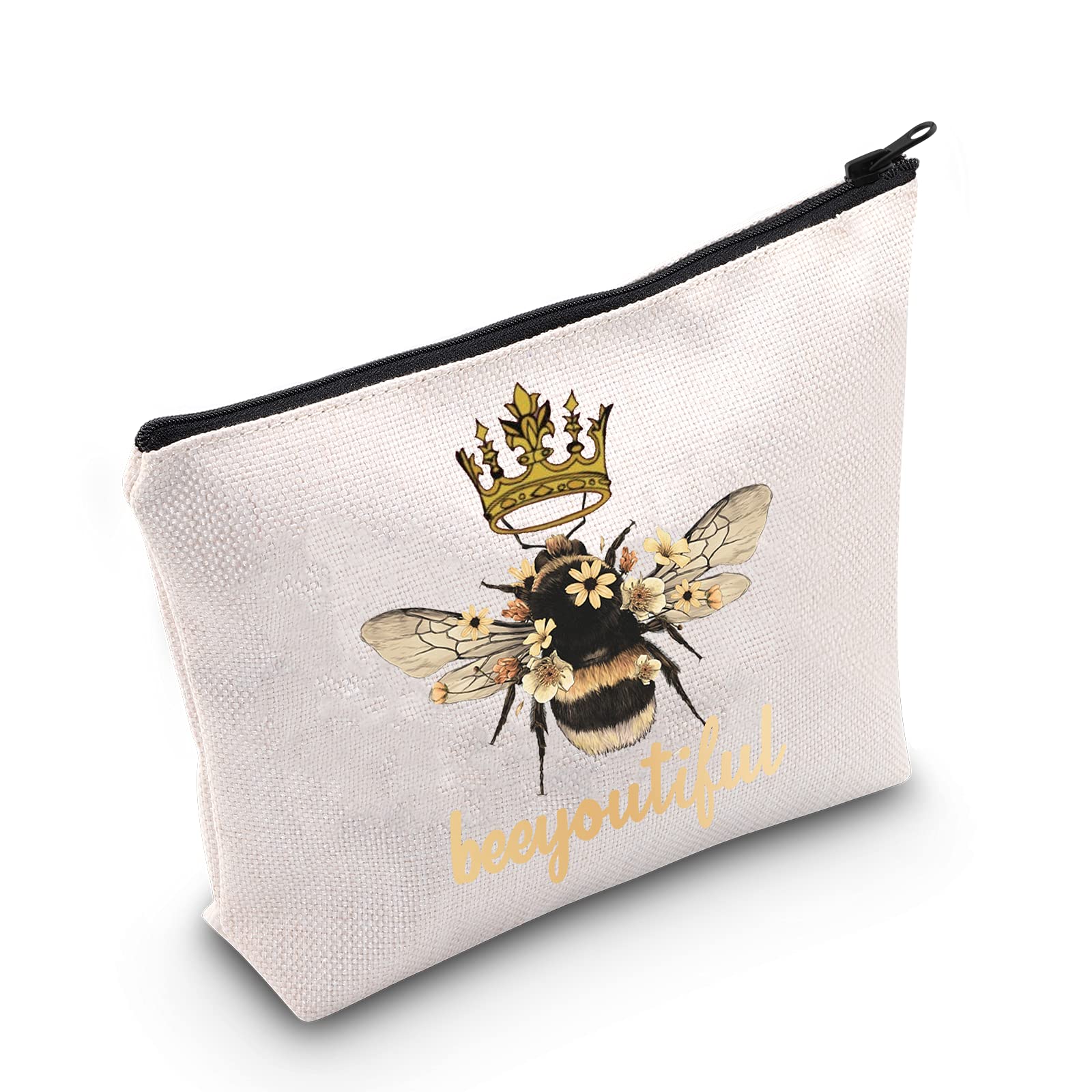 LEVLO Funny Queen Bee Cosmetic Make Up Bag - Boss Lady Crown Alpha Gift - Beeyoutiful Queen Bee Makeup Zipper Pouch