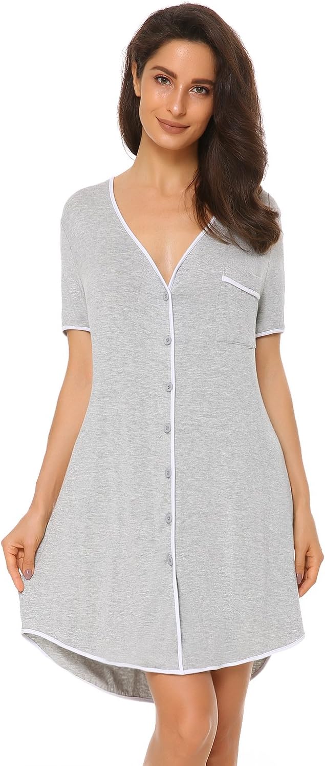 Suzicca Short Sleeve Nightshirt with Button-Front V Neck Sleepshirt Nightgown Sexy Pajama Dress