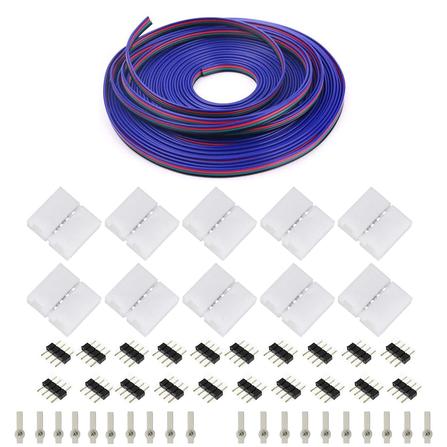 ENQIMAOYI 4-pin RGB Connectors Kit Includes 16.4Ft Extension Cable,10x Seamless LED Strip Connector, 20x LED Strip Clip, 20x Male to Male Connector for 5050 3528 Color-Changing Flexible LED Strip