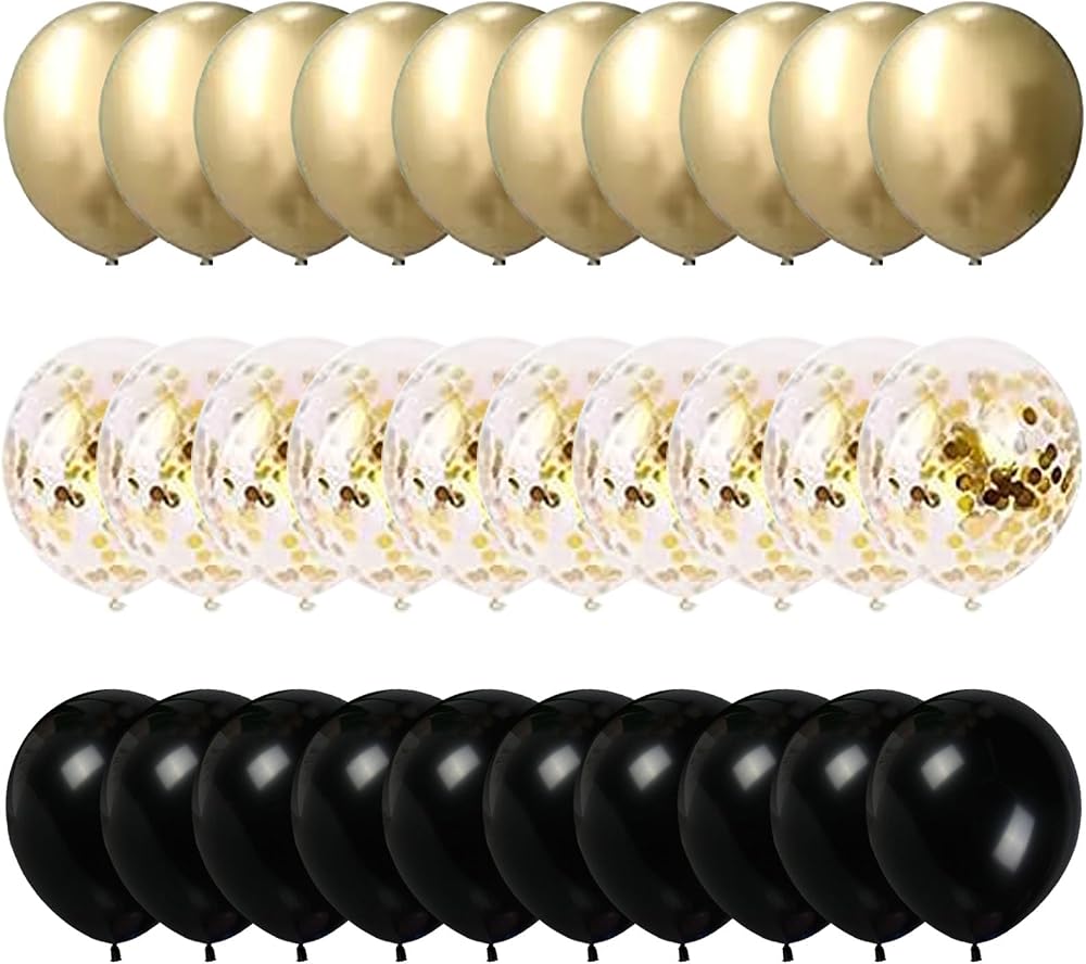 Yukiyi 60Pcs 12-Inch Gold & Black Balloon Set Latex Confetti Arch Kit