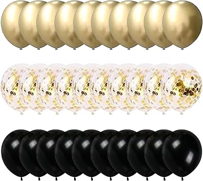 Yukiyi 60Pcs 12-Inch Gold & Black Balloon Set Latex Confetti Arch Kit