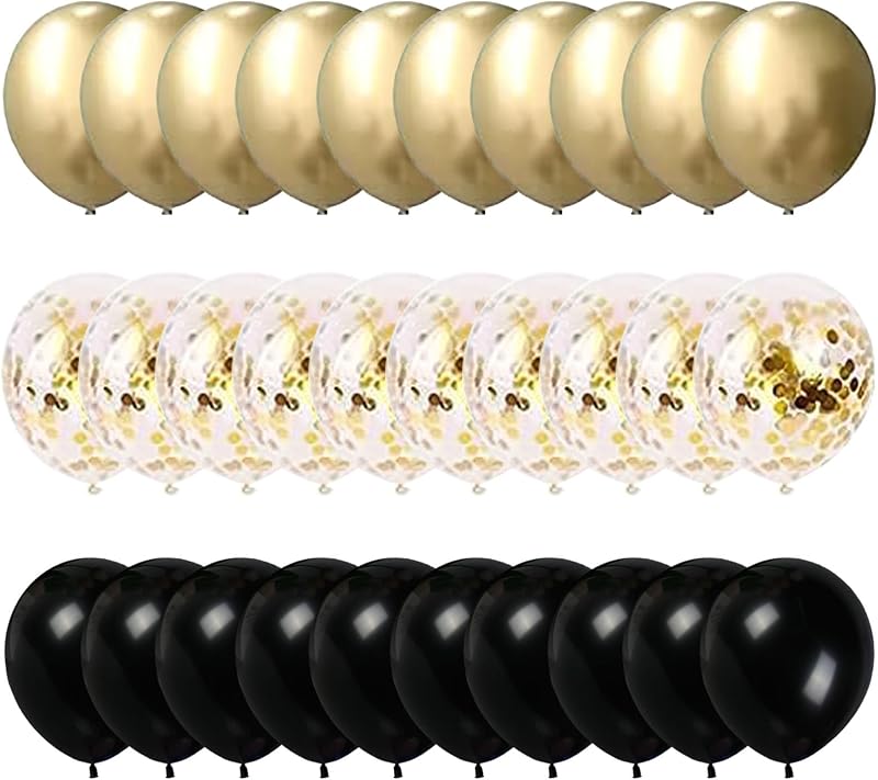 Yukiyi 60Pcs 12-Inch Gold & Black Balloon Set Latex Confetti Arch Kit