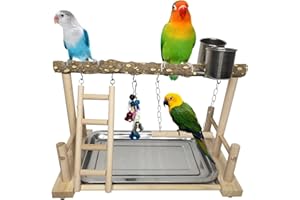 PINVNBY Bird Playground Parrot Playstand Birds Play Stand Wood Exercise Perch Gym Stand Playpen Ladder with Feeder Cups Hanging Swing Toys for Parakeet Conure Cockatiel Budgie Cage Accessories