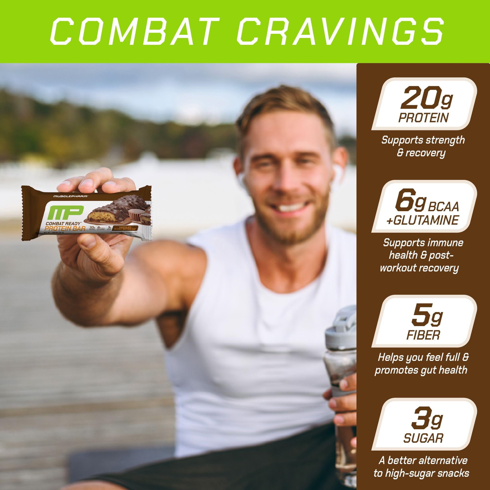 MusclePharm Combat Sport Bar, Chocolate Peanut Butter Cup, High Protein Bars, Combat Cravings, Fuel Performance & Meet Energy Demands, 20g Protein from Whey Protein, 5g Fiber, Gluten Free, 12 Bars