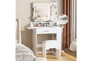 Fameill Vanity Desk with Mirror and Lights, White Vanity Table with Drawer & Lots Storage Shelves, Small Makeup Vanity with Charging Station & Time Display, Vanity Set with Chair, for Bedroom