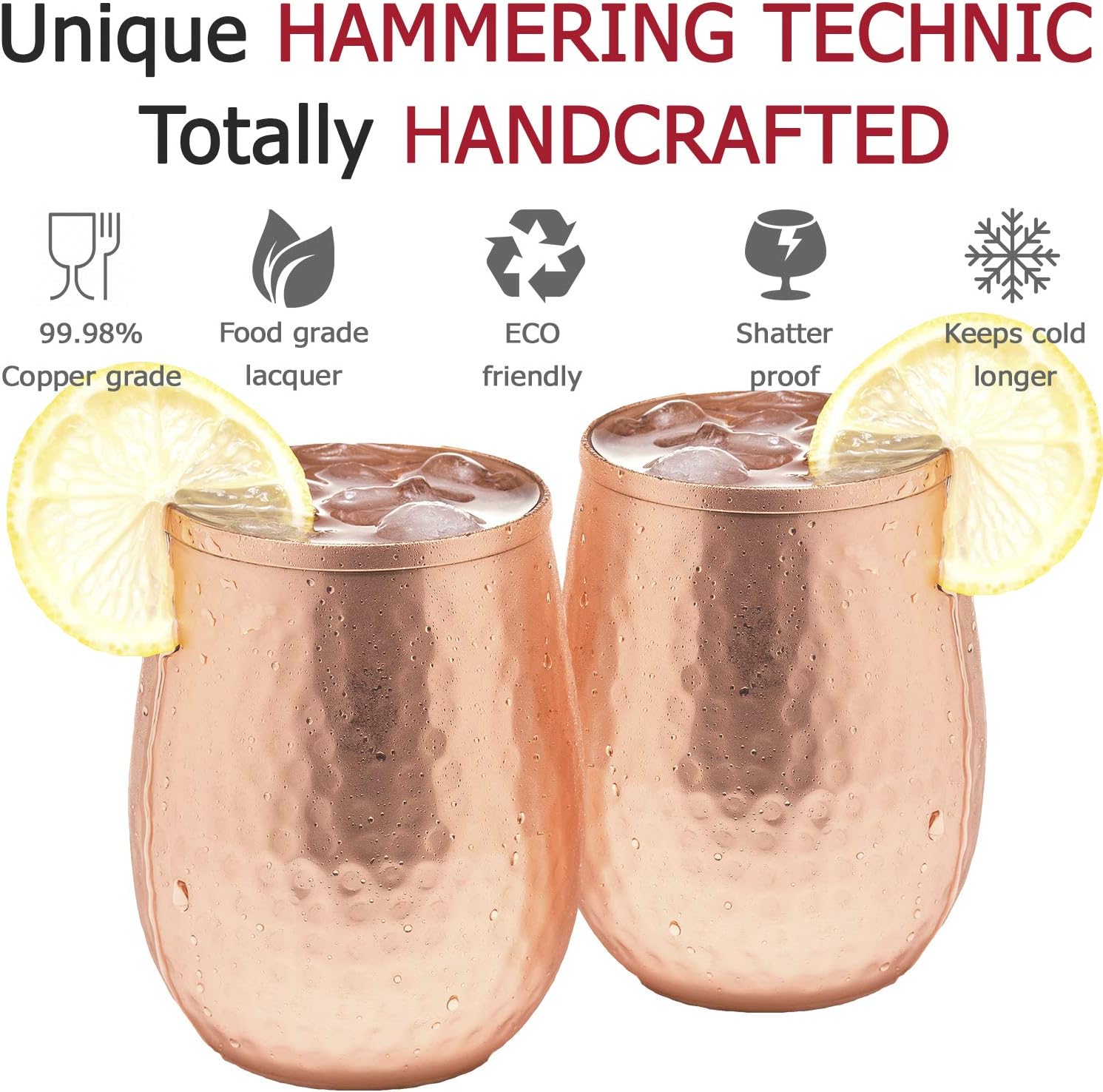 Copper wine glasses set of 4, 17oz gleaming 100% solid hammered copper stemless wine cups - Image 3