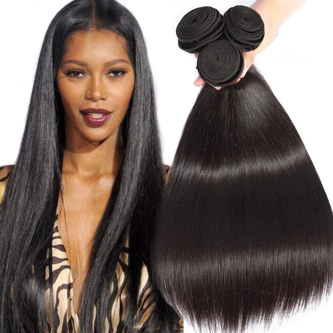 BLACKMOON HAIR 20 22 24 Inch Brazilian Unprocessed Virgin Human Hair Extension Weave 3 Bundles Silky Straight Unprocessed Natural Black Color