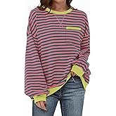 TARSE Oversized Crewneck Sweatshirt for Women Dropped Shoulders Striped Shirt Plain Pullover Ladies Loose Long Sleeve Tops
