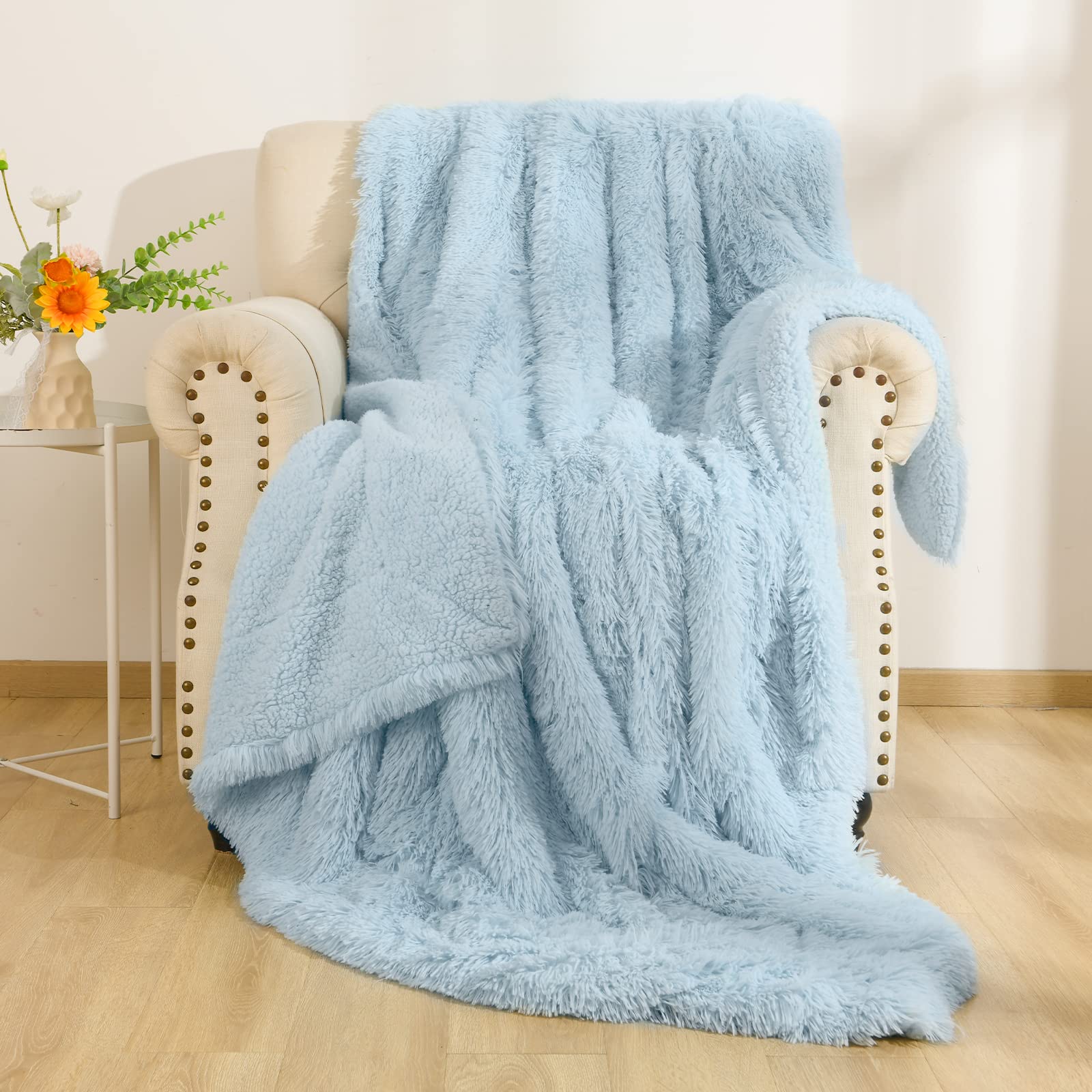 Photo 1 of BENRON Light Blue Throw Blankets, Super Soft Shaggy Fuzzy Sherpa Blankets, Cozy Warm Lightweight Fluffy Faux Fur Blankets for Bed Couch Sofa Photo Props Home Decor, Washable 50"x60"