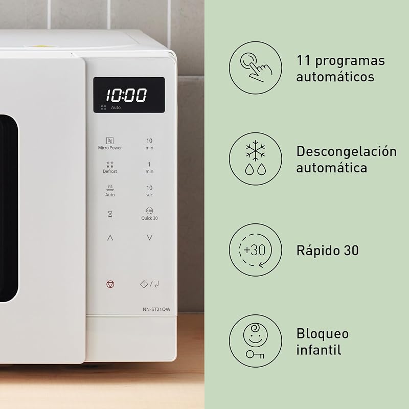 NN-ST21QWEPG Solo Horno Microondas 20L con Bandeja de Vidrio, 800 W, Descongelación Automática, 11 Programas Automáticos, Pantalla LED, 5 Ajustes de Potencia, Temporizador Digital, Blanco