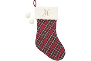 Just Jolly 20" Classic Plaid Christmas Stockings Initial Monogram Embroidered Stockings with Pom Pom Ball for Christmas Fireplace Decor and Xmas Gift (H)