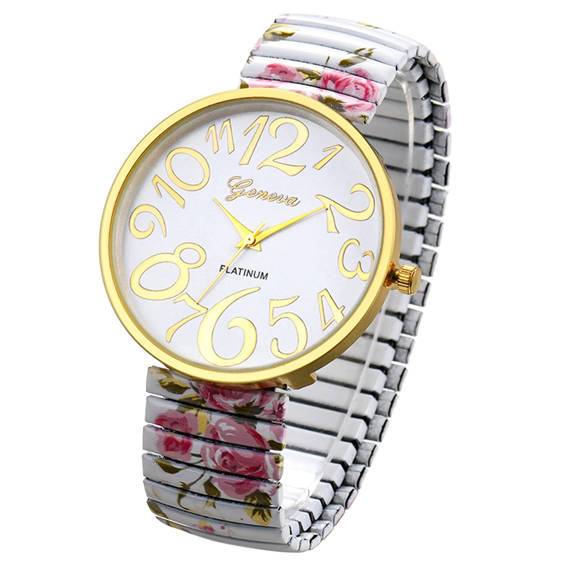 Avaner Women's Elastic Strap Watches: Ladies Easy Reader Floral Printed Stretch Band Big Number Analog Quartz Bangle Wrist Watch