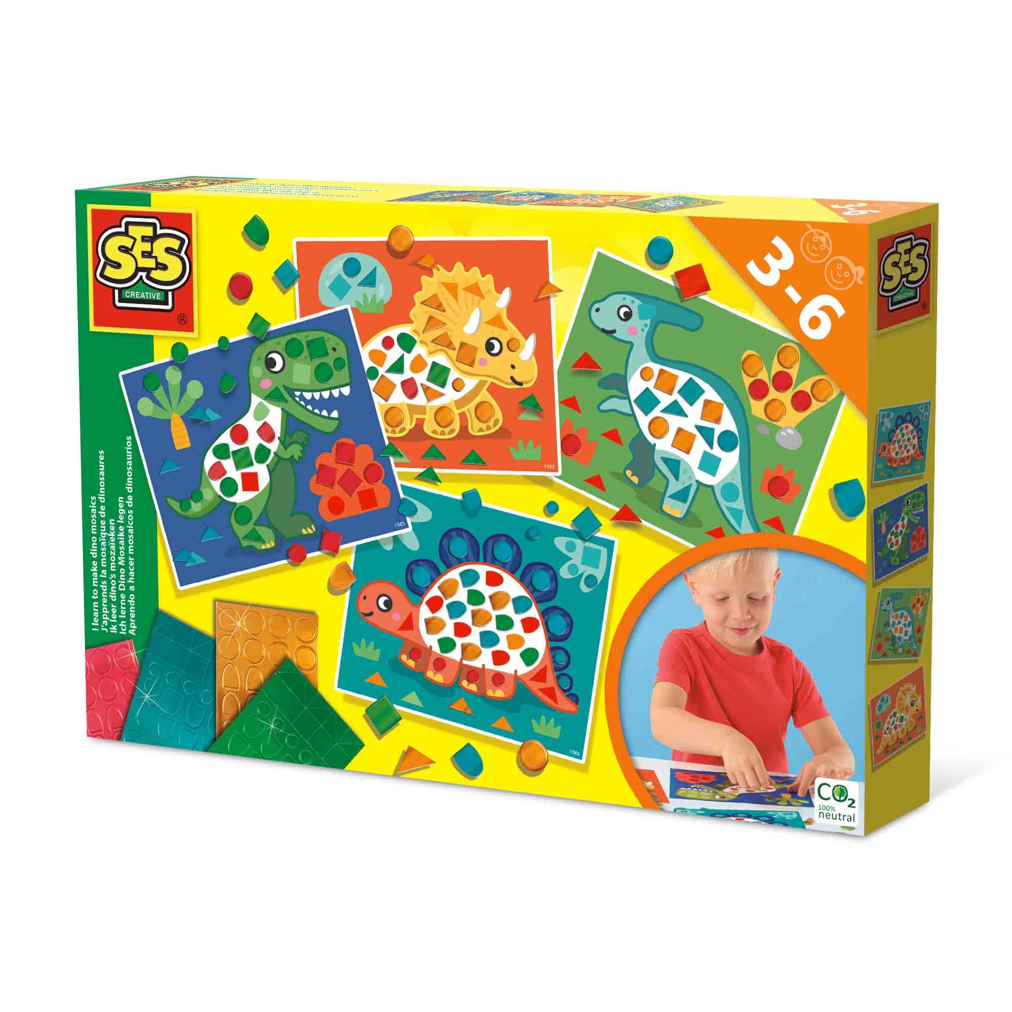 SES Creative 14641 - I Learn to Make Dino Mosaics, 4 Large Dino Cards with Metallic Stickers, Complete Set for Children