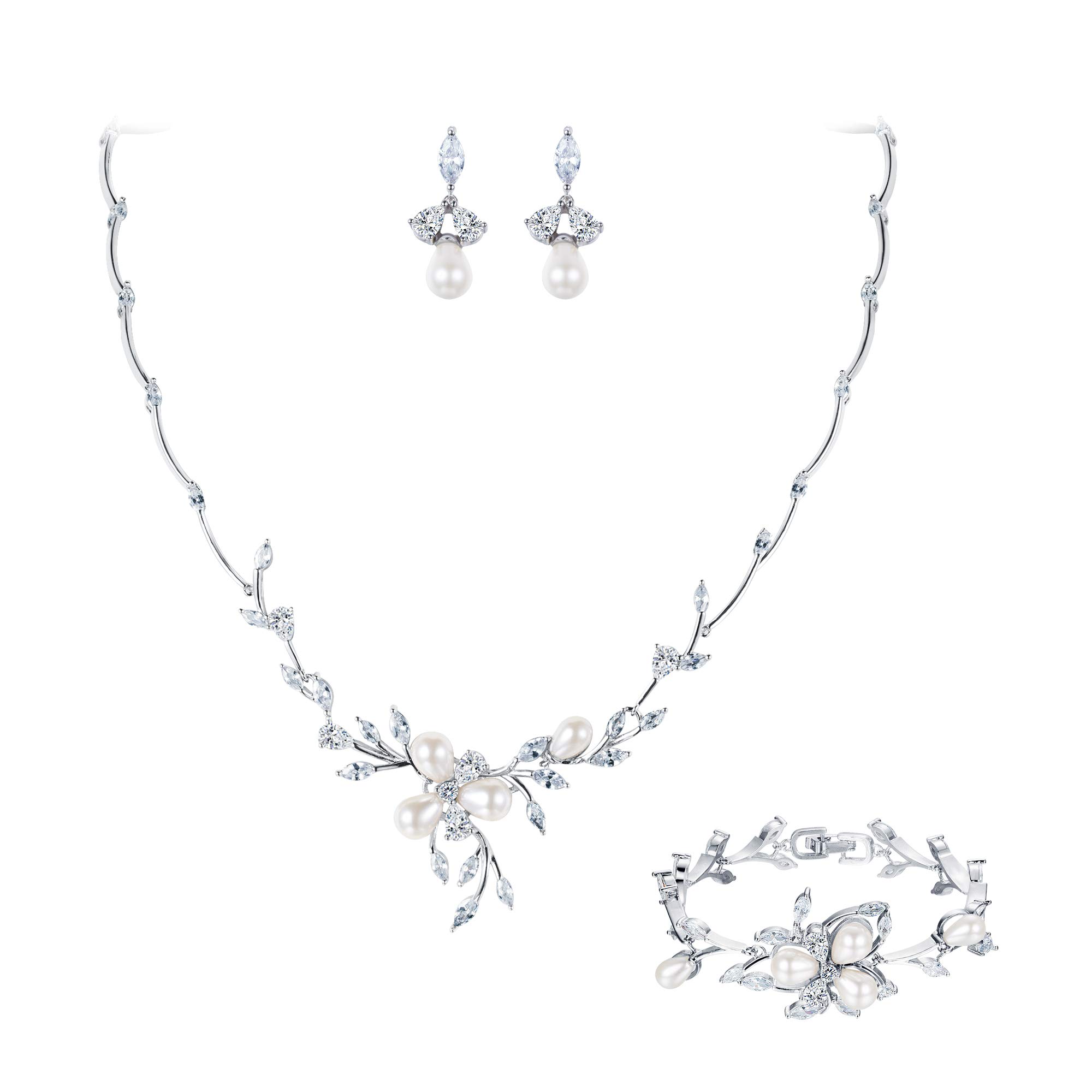 Ever Faith CZ Simulated Pearl Flower Leaf Filigree Necklace Earrings Bracelet Set Clear Silver-Tone