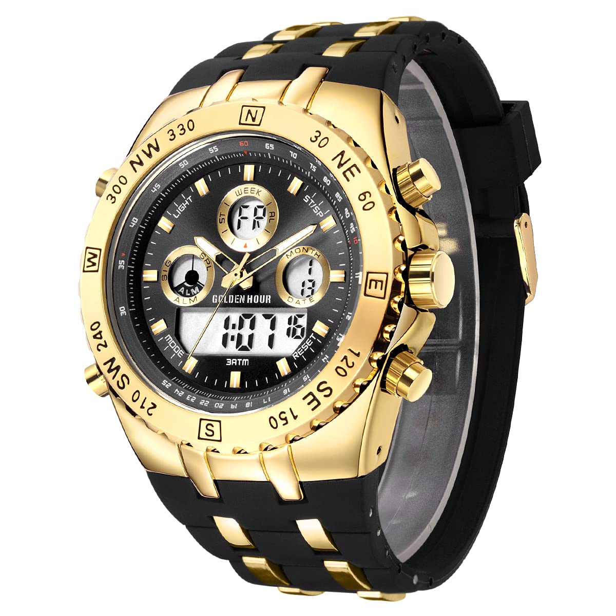 GOLDEN HOUR Luxury Military Sports Men's Watches Large Size Big Face 3ATM Waterproof, Stopwatch, Date and Date, Alarm, Luminous Digital Analog Wrist Watch with Rubber Band, gold, Digital