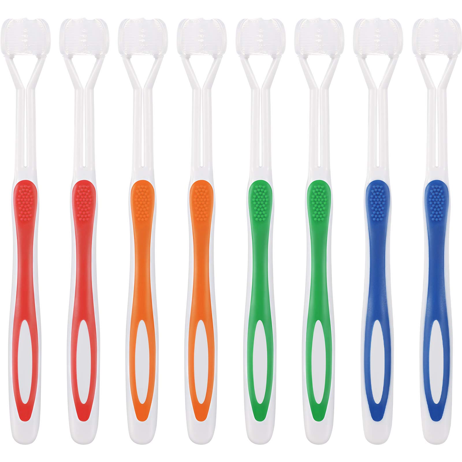8 Pieces Autism Toothbrush Three Bristle Travel Toothbrush for Complete Teeth and Gum-Care, Great Angle Bristles Clean Each Tooth, Soft/Gentle (Green, Blue, Yellow, Red)