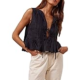 Zontroldy Women's Linen Tie Front Shirts Sleeveless Y2K Babydoll Ruffle Tank Top Aesthetic Clothes