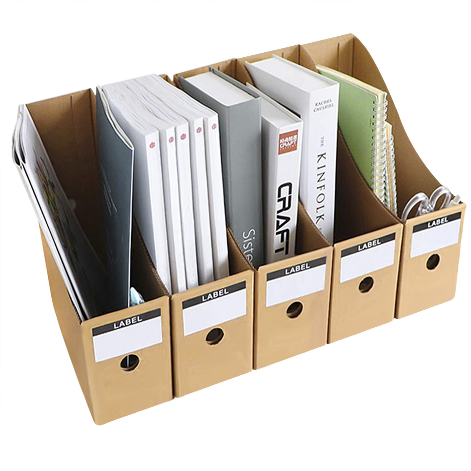 5 Pcs Magazine File Holder with Labels A4 Document Organizer Hard Cardboard Bulk Papers Stationery Storage Box Art Projects Books Divider Rack Desktop Files Filling Shelf for Home/Office/School Dorm