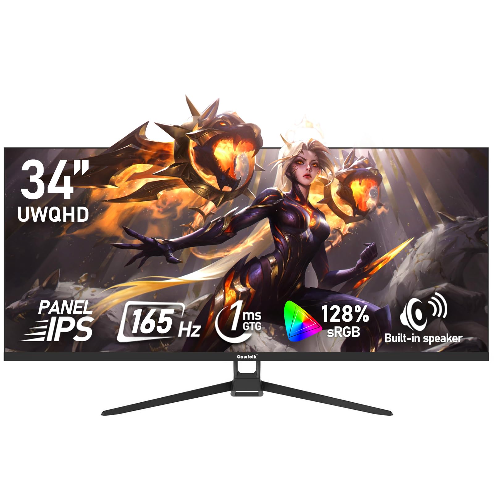 Gawfolk 34 Inch Ips Ultrawide 165Hz Gaming Computer Monitors, 21:9 Uwqhd (3440X1440) Pc Screen, 128% Srgb, Adaptive Sync, Built-In Speaker, Display Port, Hdmi, Compatible With Wall Mounting - Black