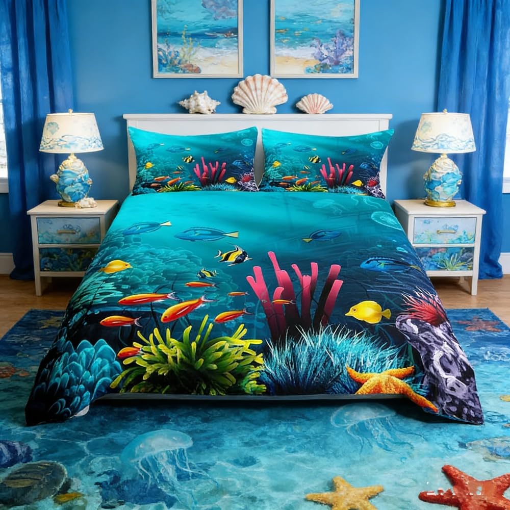 Loussiesd 3D Fish Print Duvet Cover Set Single Ocean Sea Animals Bedding Set Blue Underwater World Decorative Microfiber Comforter Cover with 2 Pillow Shams, Zipper, 3 Pieces — image 1