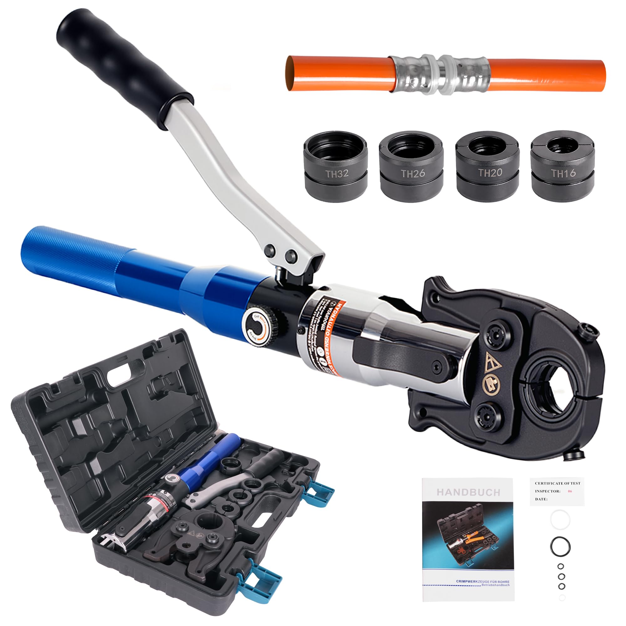 AMZCNC Professional Hydraulic Crimping Pliers - TH Contour Set Press Tool with 360° Rotating Head for Copper Pipe, Stainless Steel Pipe, Jaw Inserts TH