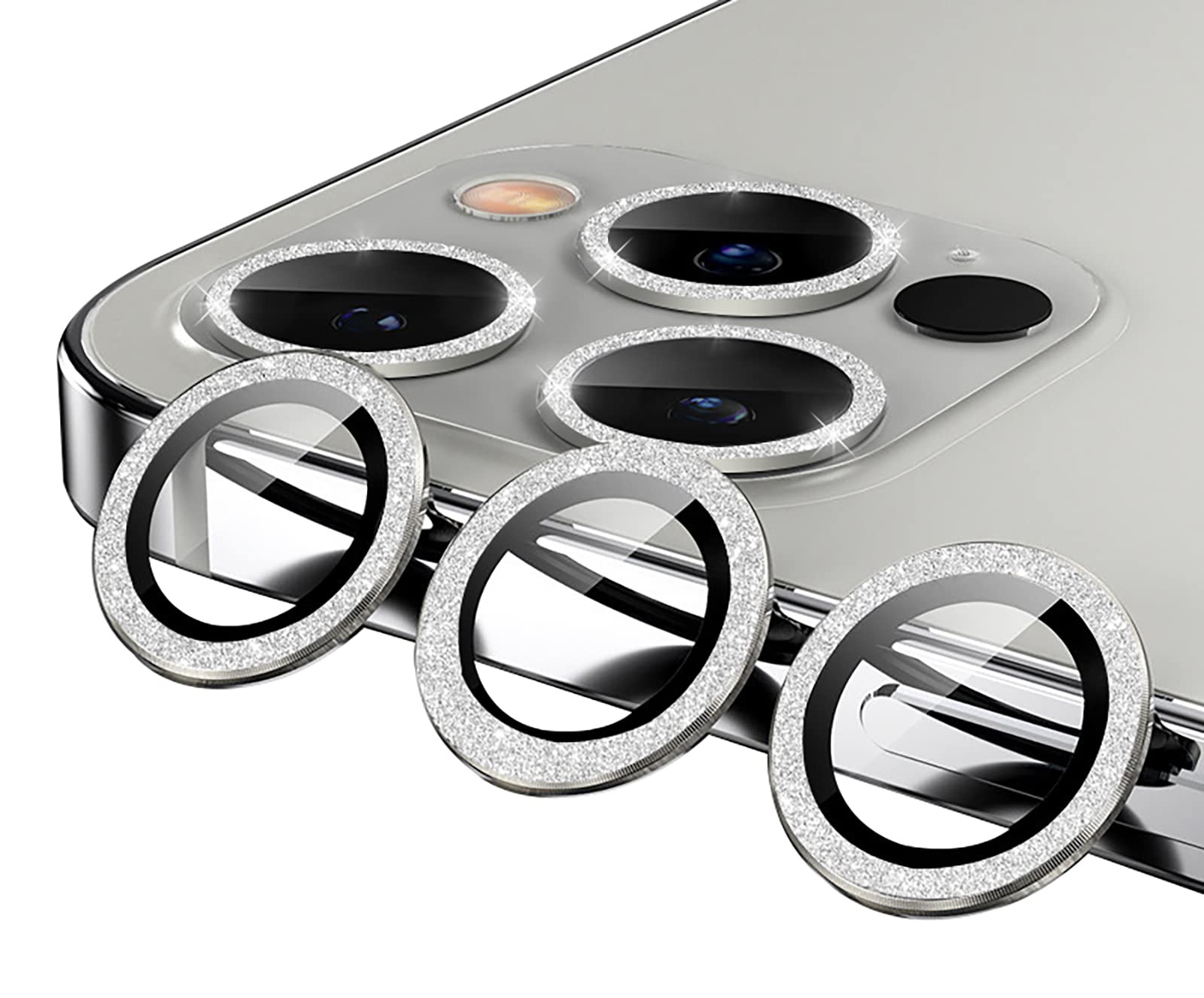 GIOPUEY Camera Protector for iPhone 13 Pro Max, Shining diamond powder, bling Camera Protection Ring, 9H HD tempered glass, iPhone 13 Pro Camera Lens Protector - Silver โ image 1
