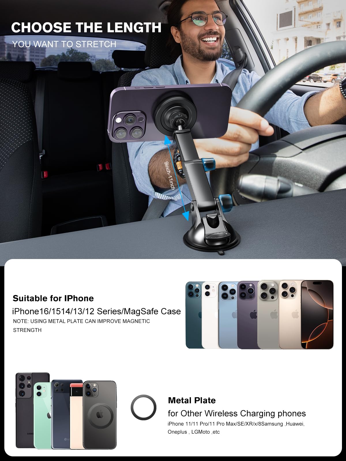MAGJIEYX for Magnetic Magsafe Car Mount Charger, Wireless Car Charger with Fast Max 38W QC3.0Charging Adapter Retractable Phone Holder Fits iPhone16/15/14/13Plus/MagSafe Case,Dashboard/Vent/Windshield