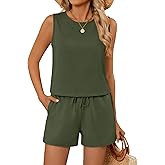 Ficerd Women's Summer 2 Piece Outfits Sets Cotton Linen Sleeveless Crop Top Tank and Drawstring Casual Shorts with Pocket