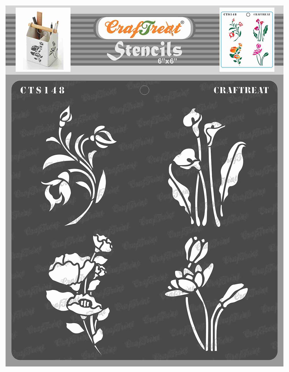 CrafTreat Flower Stencils for Painting on Wood, Canvas, Paper, Fabric, Floor, Wall and Tile - Mini Floral Bunches - 6x6 Inches - Reusable DIY Art and Craft Stencils for Painting Flowers