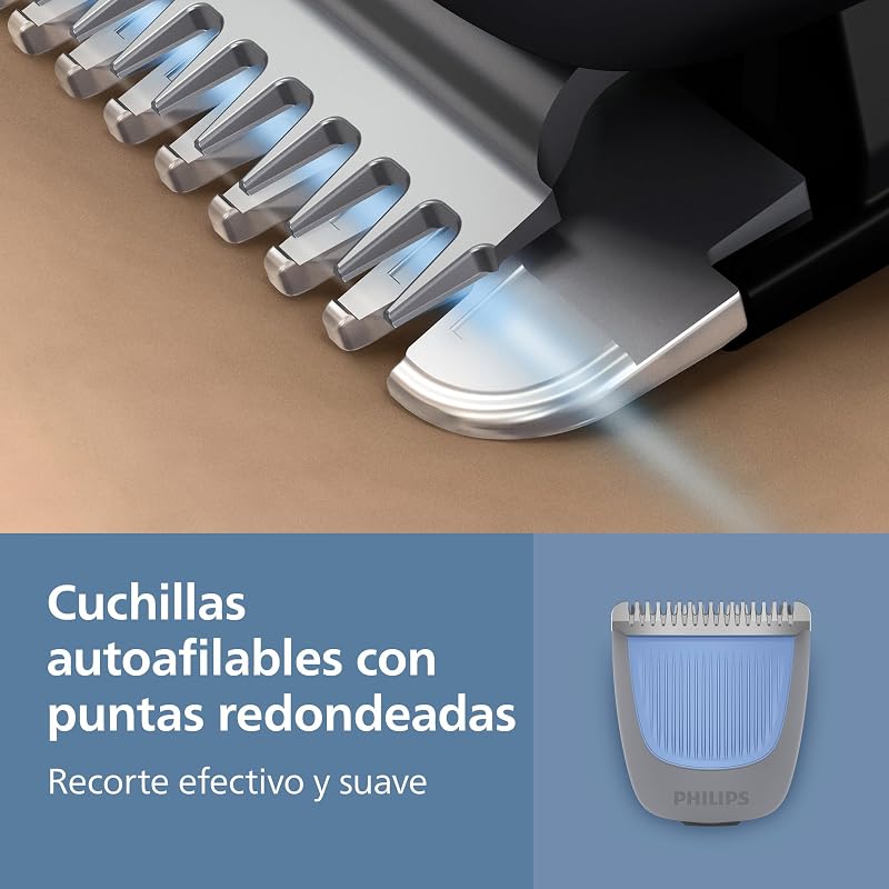 Serie 3000 - Cuchillas con puntas redondeadas, 20 posiciones ajustables, peine-guía, 100% resistente al agua, indicador de batería, carga USB, funda, modelo BT3619/15