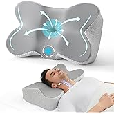 JOLLYVOGUE Cervical Neck Pillow for Pain Relief Memory Foam Side Sleeper Pillow with Cooling Pillowcase, Ergonomic Design for Back Stomach Sleepers, Medium, Grey