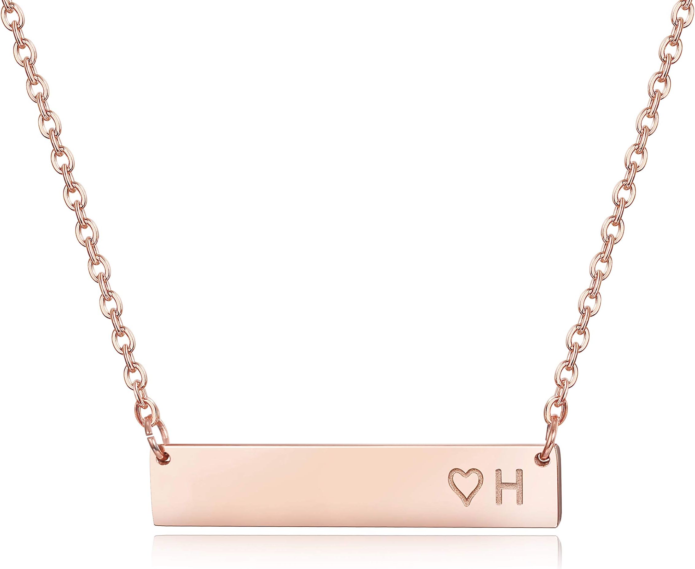 Rose Gold Plated Stainless Steel Initial Heart Bar Necklace Alphabet Pendant Necklace for Women Mother, 16"+2"