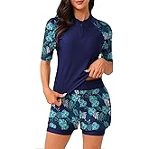 Bonneuitbebe Women 2 Piece UPF 50+ Rash Guard Short Sleeve Half Zip Swim Shirt Built in Bra Swimsuit with Boyshort Bottom