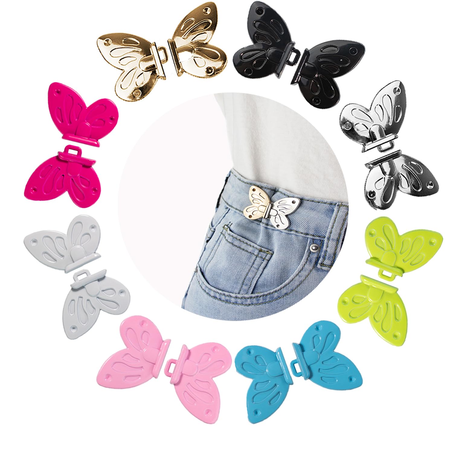 RichLuck 8 Pairs Metal Jeans Buttons Pins, Multiple Colour Butterfly Waist Tightener for Trousers, No Sew and No Tools Adjustable Jeans Waist Tightener Clips