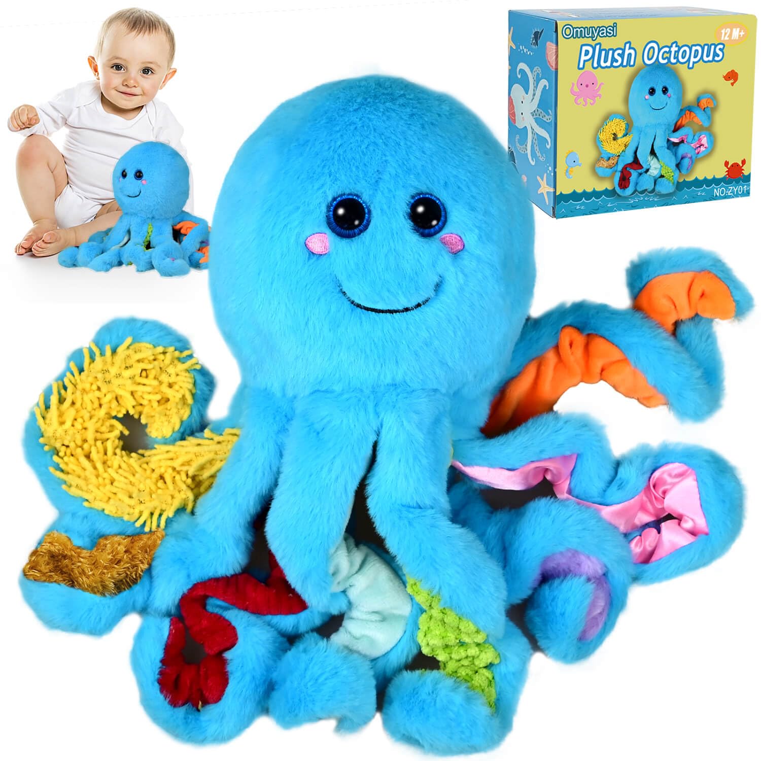 Omuyasi Sensory Toys for Autism, Sensory Plush Octopus with 8 Textured Tentacles, Tummy Time Baby Toys for 1 Year Old, Gifts for Girls Boys Christmas Easter Birthday (Blue)