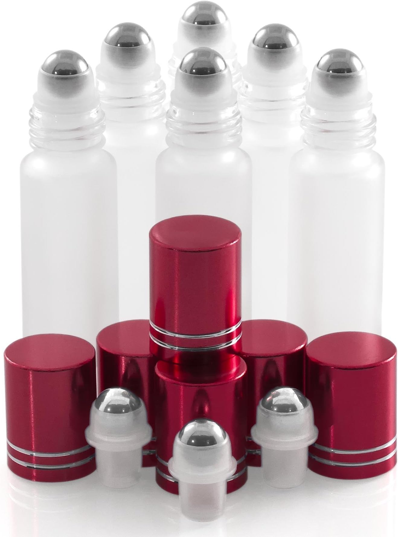 Aster Essentials Glass Roller Bottles with Metal, Stainless Steel Roll Balls. 10ml, 1/3oz Essential Oil Roll on Bottles are perfect for Aromatherapy, Perfume, & Lip Gloss-6 pack with 3 extra balls.