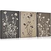 3Pcs Moody Floral Canvas Wall Art Vintage Flower Poster Print Dark Wildflower Painting Farmhouse Botanical Picture Wall Decor for Living Room Bedroom Office 12x16in Framed