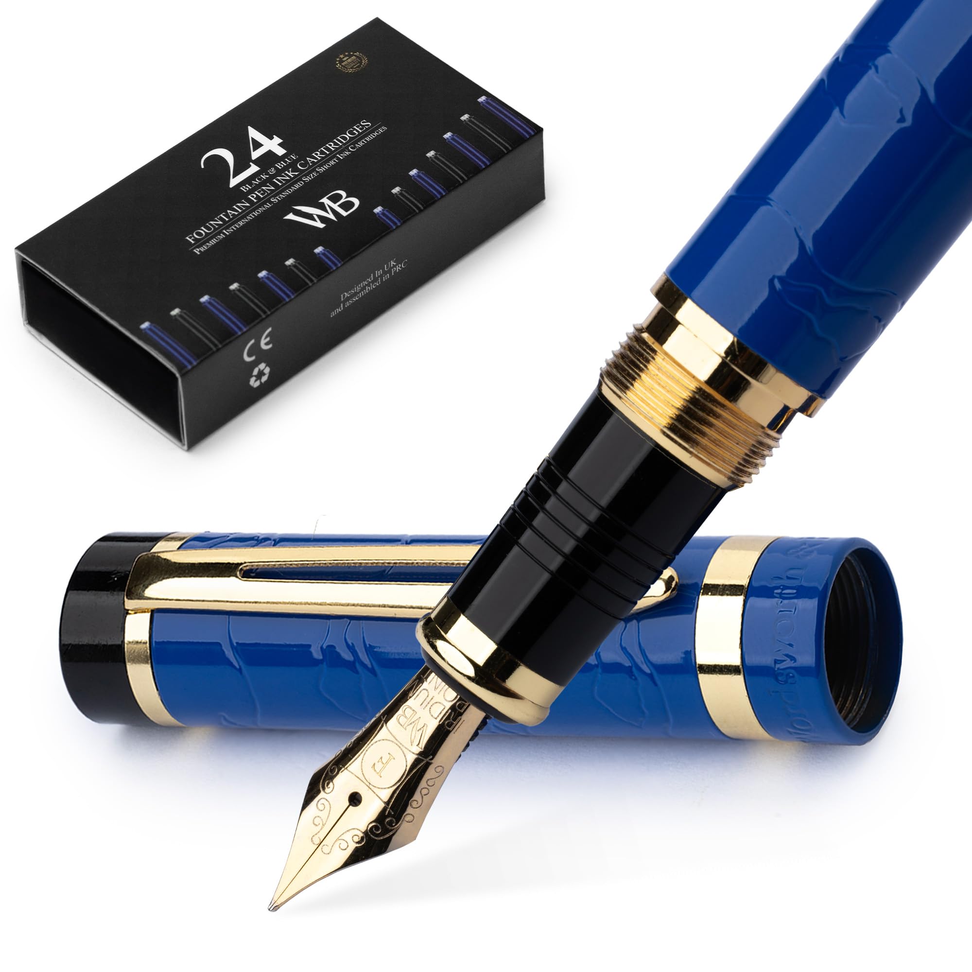 Wordsworth & Black Primori Fountain Pen Set [Blue Gold]; Fine Nib, Gift Case, 24 Ink Cartridges, Refill Converter, Manual; Journaling, Calligraphy, Smooth Writing Pens; Left and Right Handed