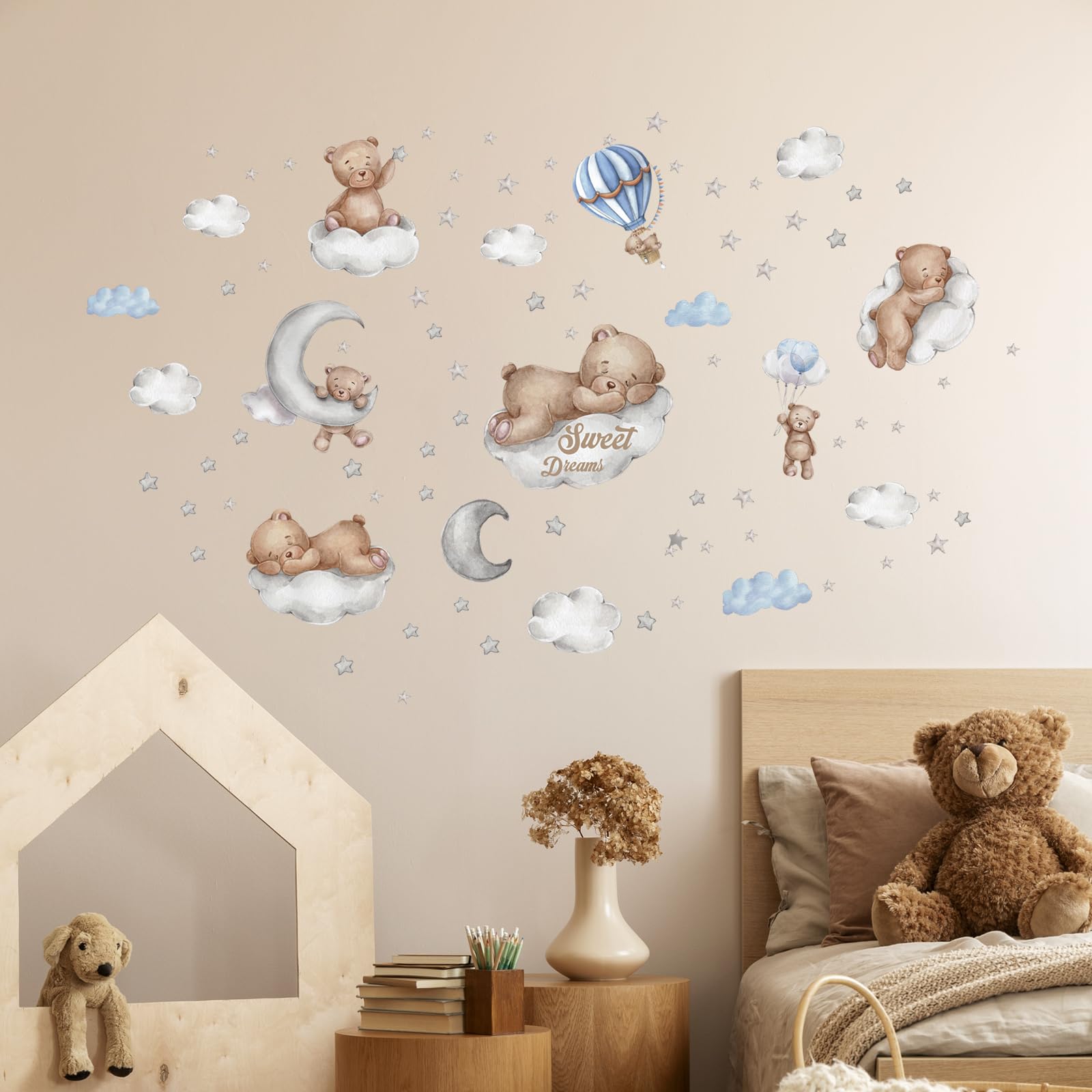Tanlaby Sleeping Bear Wall Stickers, Moon Star Hot Air Balloon Wall Decals, Sweet Dream Wall Sticker for Kids Baby Nursery Playroom Bedroom Girls Boy Room Wall Decor