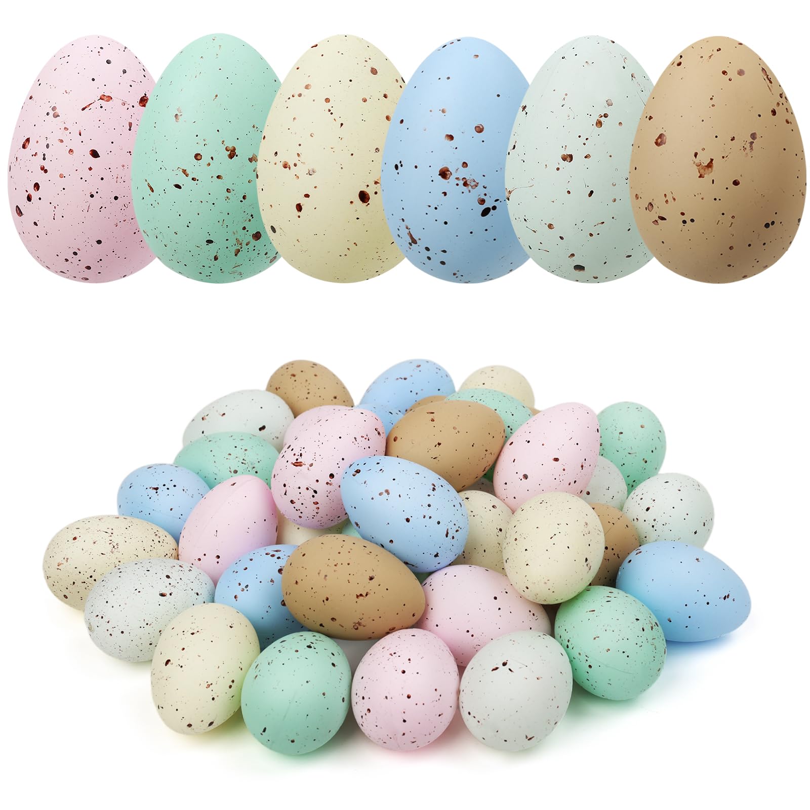 KJX 36 Pcs Plastic Speckled Easter Eggs, 2.4in 6 Colors Faux Pastel Speckled Eggs Bowl Vase Filler, Decorative Easter Eggs for Home Tables Centerpieces DIY Craft Spring Decor (Colorful)