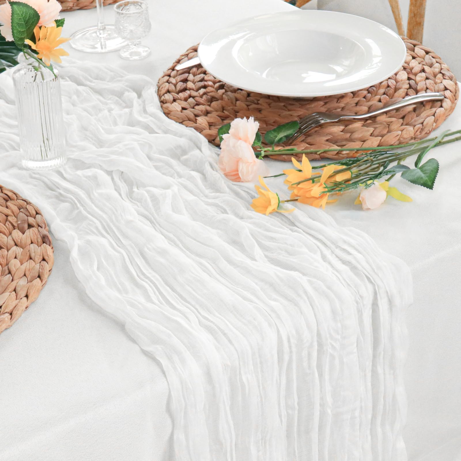 Sevenpers Cheesecloth Table Runner White, 90x300cm(35"x118") Rustic Gauze Fabric Spring Pink Boho Table Runner for Easter, Wedding Bridal Baby Shower Festive Table Decorations and Large Parties