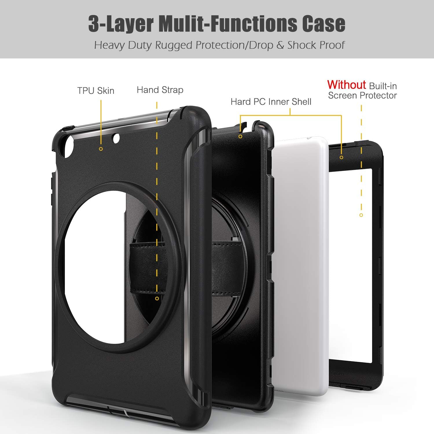 MadeRy Kids Case for iPad Mini 3 / Mini 2 / Mini 7.9 inch, Full-body Shockproof Stand Case Cover with Rotatable Hand Strap. (Black) - Image 4