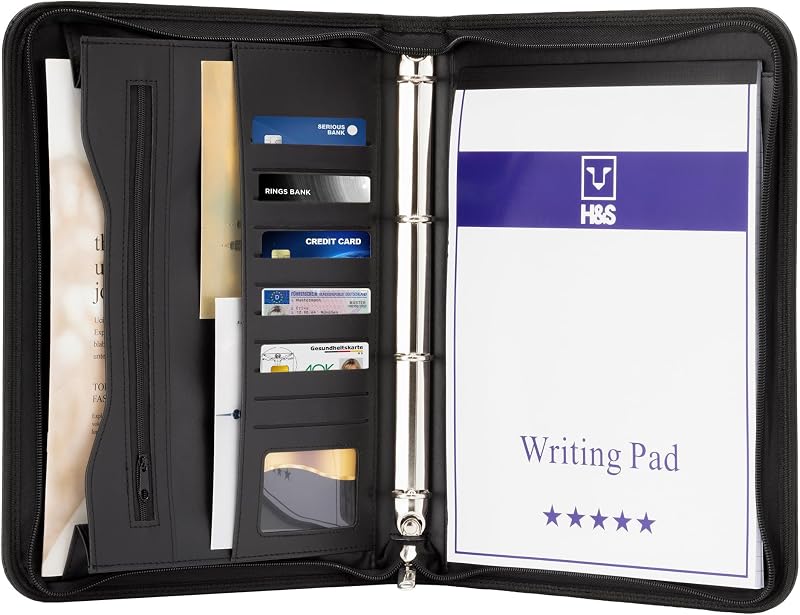 H&S Conference Folder A4 Zipped Leatherette Padfolio with Ring Binder