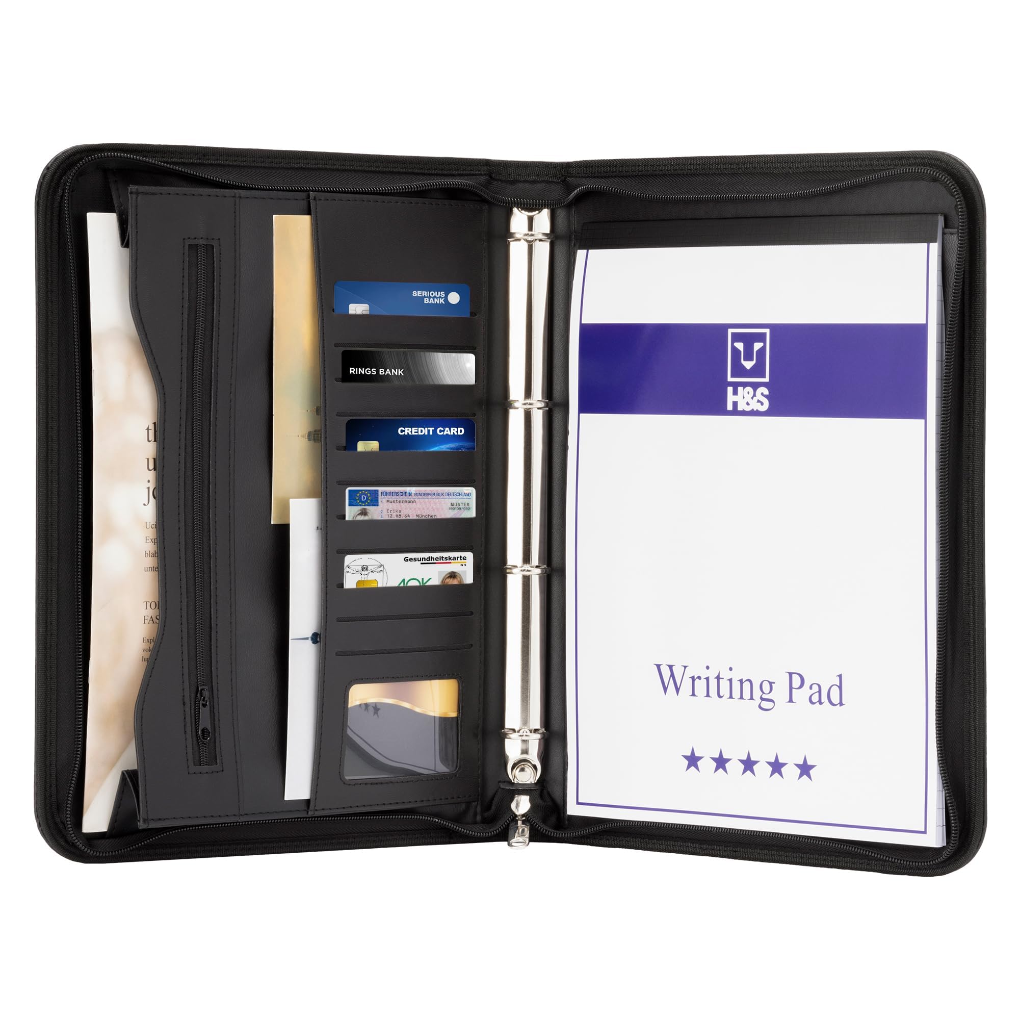 H&S Conference Folder - Zipped Portfolio Folder A4 - Faux Leather Folders for Documents with Ring Binder - A4 Organiser Folders - Work or Business Document Holder Padfolio Case