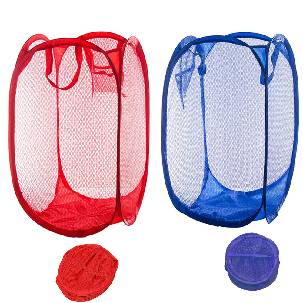 Qtopun Mesh Popup Laundry Hamper, Foldable 2 Pack Portable Dirty Clothes Basket Collapsible Dirty Clothes Hamper for Bedroom, Kids Room, College Dormitory and Travel (Dark Blue+Red)
